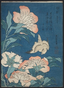 Peonías y canario · Hokusai